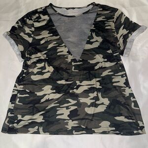 SHEIN Camouflage V-Neck Mesh Women Top